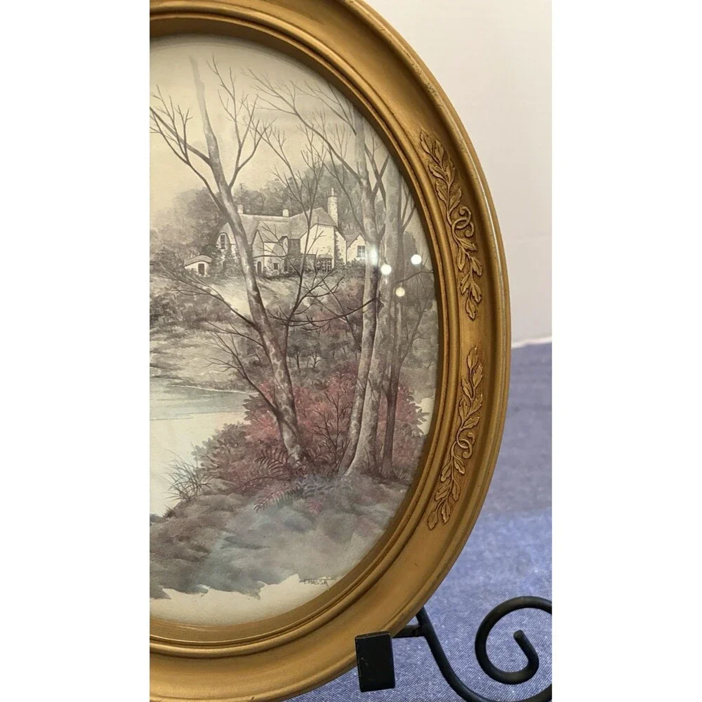 Two Vintage HomCo Gold Tone Oval Framed Prints by Artist F. Massa